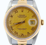 Pre Owned Mens Rolex Two-Tone Datejust with a Gold Pyramid Roman Dial 16233