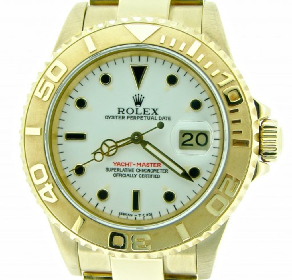 PRE OWNED MENS ROLEX YELLOW GOLD YACHT-MASTER DATE WITH A WHITE DIAL 16628