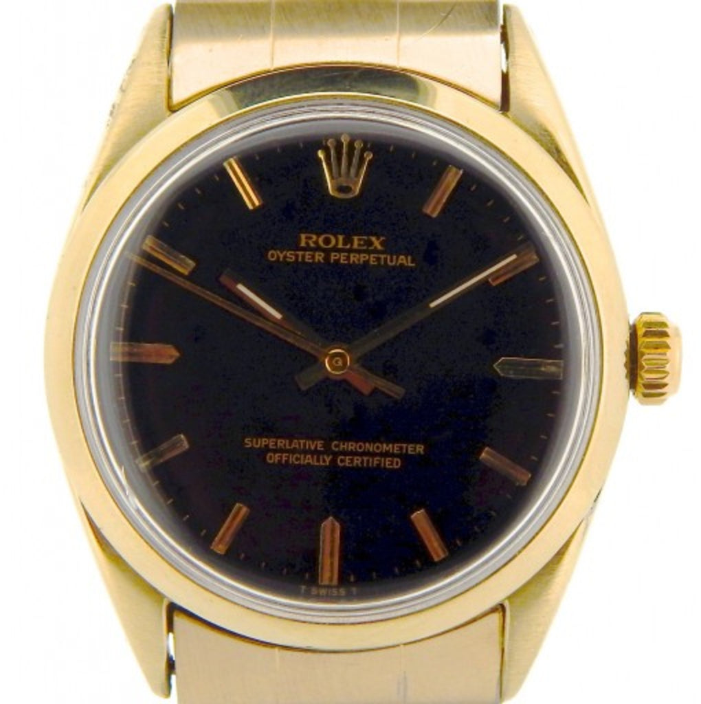 PRE OWNED MENS ROLEX GOLD SHELL OYSTER PERPETUAL WITH A BLACK DIAL 1024