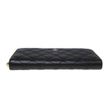 Chanel A50097 Black Caviar Leather Quilted Zip Around Long Wallet